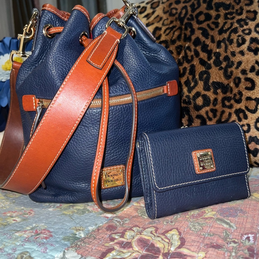 Dooney & Bourke Navy Pebble Drawstring & matching wallet